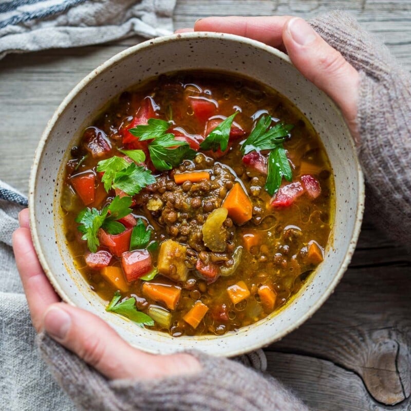 This Instant Pot Lentil Soup is cozy and comforting! Infused with fragrant Middle Eastern spices, it can be made in your Instant Pot or on your stovetop. Vegan, fast & easy. Includes a Video.