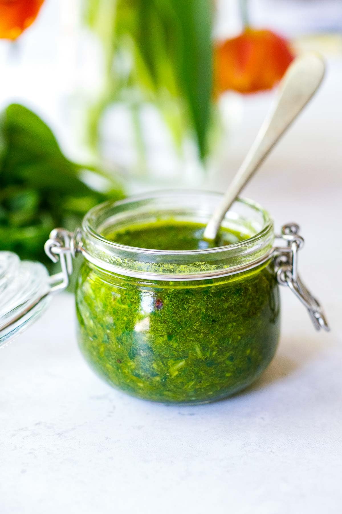 Basil Oil made with the simplest of ingredients; fresh basil, garlic, olive oil, lemon, salt, and pepper, in just a few minutes, you'll have a flavorful condiment to elevate dishes you are already making. Vegan, nut-free, gluten-free.
