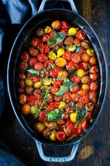 This cherry tomato confit recipe takes only 5 minutes of hands-on time before transforming in your oven, into the most tender, juicy little heavenly bites.
